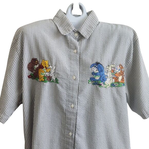 Winnie The Pooh Seersucker Embroidered Camp Shirt-Grandmacore-Gray/White-Loose L - Picture 3 of 10